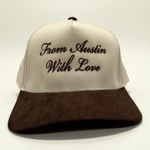 From Austin With Love Hat | Cream & Brown Suede Snapback | Mad Capper Texas - Picture 1 of 2